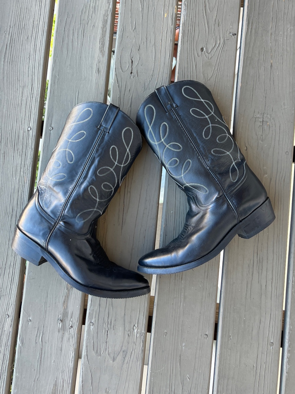 Boots Black Leather Western Cowboy Boots with White Stitching